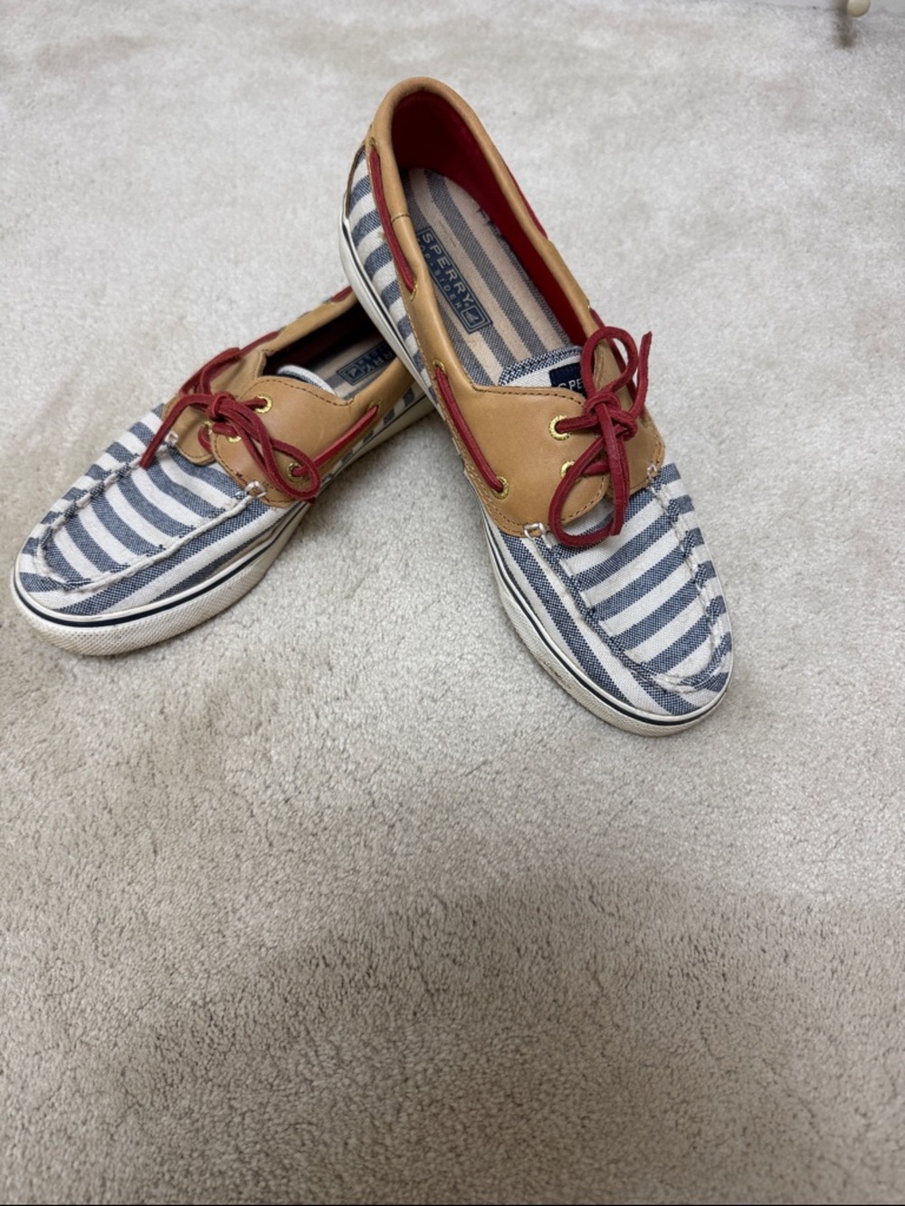 Sperry Navy & White Striped Canvas Boat Shoes with Tan Trim and Red Laces